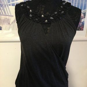 BLOUSE CHARCOAL GREY WITH BEADED ACCENT-VNECK - LIKE NEW